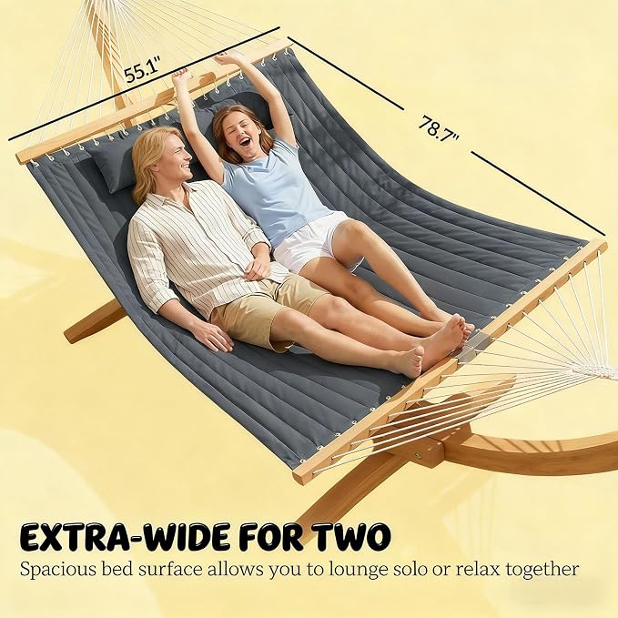 11FT Hammock Without Stand for Outside, Large Patio Hammock with Removable Headrest & Side Pocket, Two Person Hammock with Spreader Bars for Garden, Balconies, 440LBS Capacity (Grey)