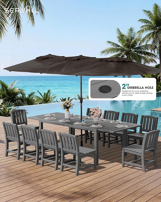 SERWALL 7-Piece Outdoor Dining Set, 60" - 83" Expandable Outdoor Dining Table and 6 HDPE Chairs, All Weather HDPE Outdoor Furniture Set for Backyard, Garden, Grey