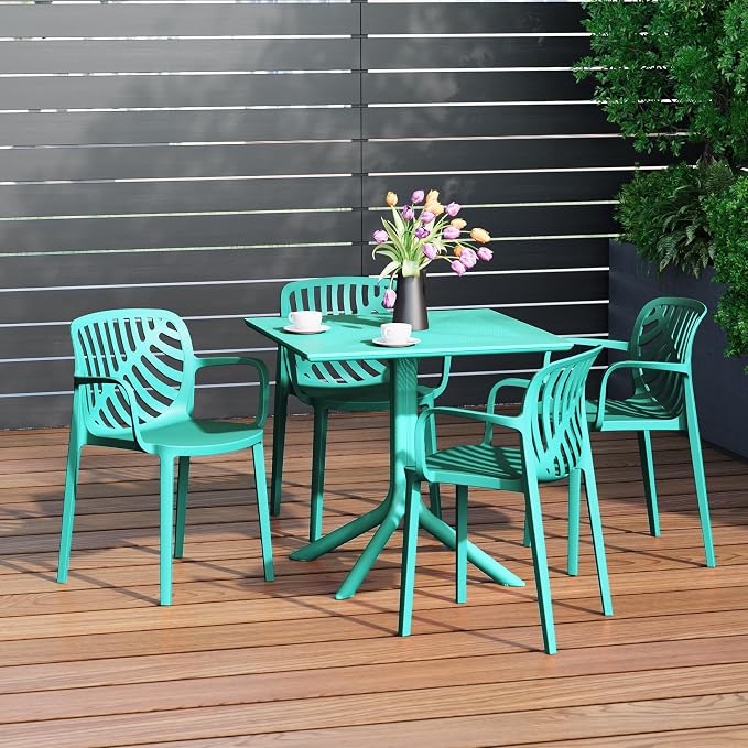 Costaelm Patio Dining Table for 4, Square PP Patio Table, 4-Person Weather Resistant Porch Tables for Outside Poolside Deck Lawn Garden Backyard, Turquoise