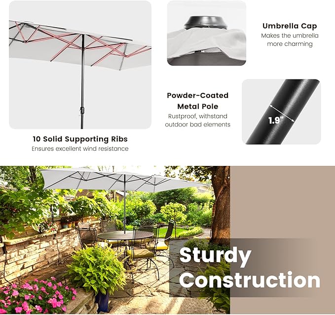 Tangkula 15 FT Double-Sided Patio Umbrella with Crank Handle, Vented Tops, Large Outdoor Rectangle Market Twin Umbrella with 10-Rib Metal Structure, Table Umbrella for Poolside Deck Lawn Garden
