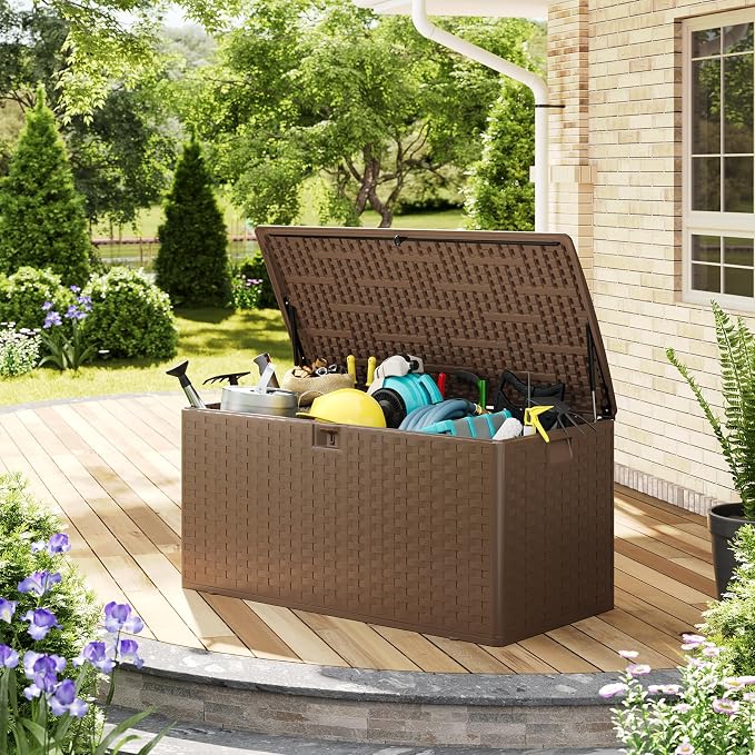 Patikuin 100 Gallon Outdoor Deck Storage Box with Hydraulic Gas Struts, Waterproof Resin Patio Container with Lockable Lid, Soft-Close, Handles & 2-Seat Bench for Garden Tools, Cushions, Brown