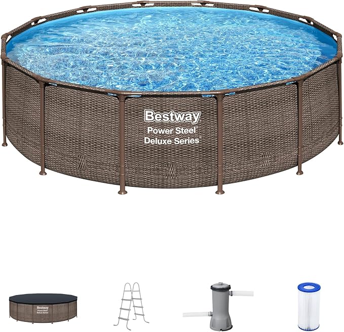 Bestway Power Steel 14’ x 42” Above Ground Pool, Round Metal Frame Outdoor Swimming Pool Set with Filter Pump, Ladder, and Cover, Brown