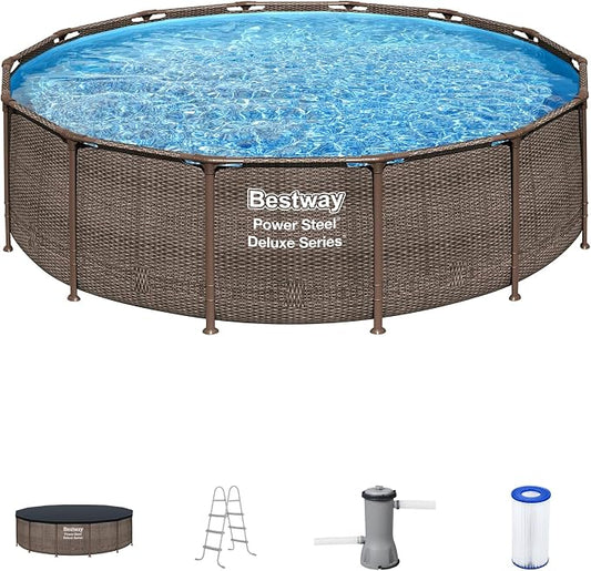 Bestway Power Steel 14’ x 42” Above Ground Pool, Round Metal Frame Outdoor Swimming Pool Set with Filter Pump, Ladder, and Cover, Brown