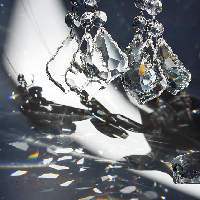 20PCS Clear Crystal Suncatcher Prisms, 63mm Chandelier Replacement Pendants | Maple Leaf Chandelier Prisms Connected Glass Octagon Beads for Lamp, Windows Wedding Party Christmas Tree Home Decor Gifts
