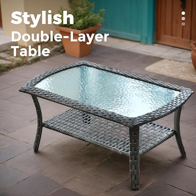 2 Pieces Wicker Patio Furniture Loveseat with Table - Outdoor Rattan Patio Bistro Set of 2,All-Weather PE Wicker Conversation Sofa High Back Deep Seating for Deck Porch Yard, Light Grey