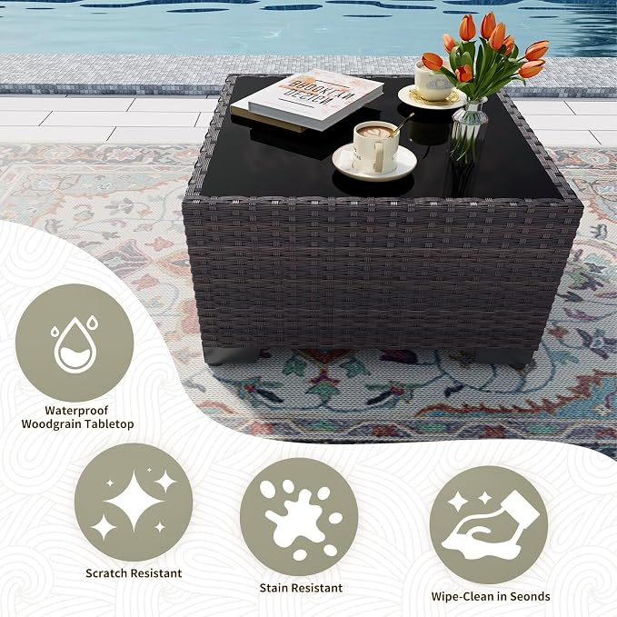 Gotland 15 Pieces Patio Furniture Set with Fire Pit Table, All Weather Rattan Outdoor Furniture with 29.5'' High Backrest 4’’ Thick Cushions Coffee Table, Patio Set for Porch, Deck, Backyard, Khaki