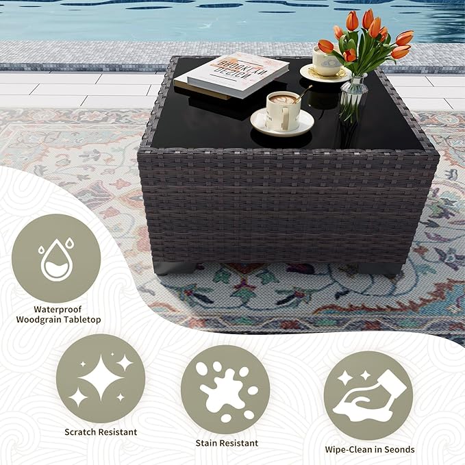 Gotland 7 Pieces Patio Furniture Set with 55000BTU Fire Pit Table, Wicker Patio Set with Wide Armrests 29.5'' High Backrest Thick Cushions 1 Coffee Table, Outdoor Furniture for Porch Deck Green