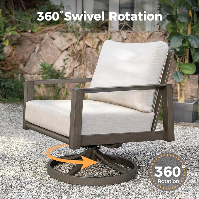 HAPPATIO Patio Conversation Set, 3-Piece Aluminum Oversized Patio Furniture Set with Rope Backrest, Side Table and 2 Swivel Chairs with Thick Cushion, Hand-Brushed Frame for Yard, Porch, Balcony