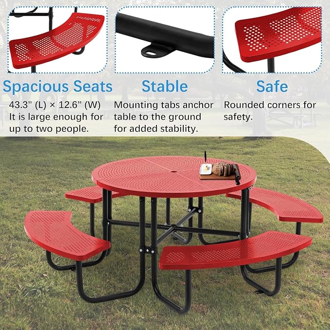 Coated Steel Heavy Duty Picnic Table for Outdoors 3200 lbs Load, Round Camping Table with 1.78" Umbrella Hole, Commercial Picnic Table with Benches, Red