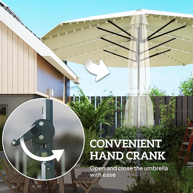 Outsunny 15ft Extra Large Patio Umbrella with Bright Solar Lights, Aluminum UPF50+ Double-Sided Outdoor Table Market Umbrella with Fiberglass Ribs Crank Air Vents for Backyard Deck Pool