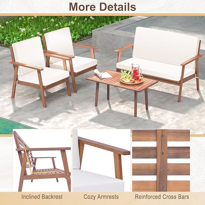 Tangkula 4 Piece Outdoor Conversation Set, Acacia Wood Sofa Set with Soft Seat & Back Cushions, Rectangle Coffee Table Patio Wood Furniture Set for Backyard, Poolside, Garden (1, Off White)