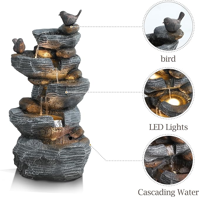 Bird Outdoor Water Fountain, 5 Tiered Waterfall Fountains with LED Lights, Garden Waterfalls Outside, Modern Cascading Rock Fountain for Garden, Yard, Patio, Home Decor