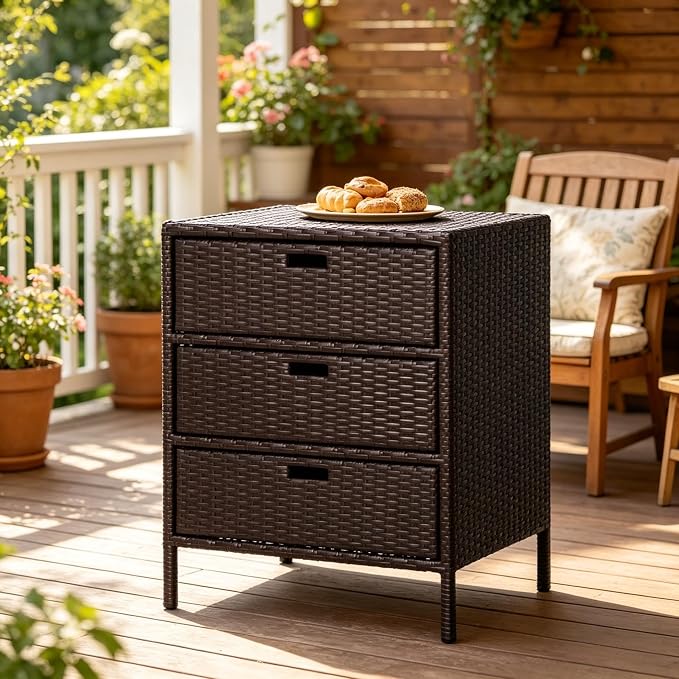 Outdoor Deck Box Storage Cabinet with 3 Drawers, Wicker Pool Towel Rack and Organizer for Patio and Garden, Water Resistant PE Rattan with Steel Frame, 23.5 x 19.8 x 32.3 Inches, Brown