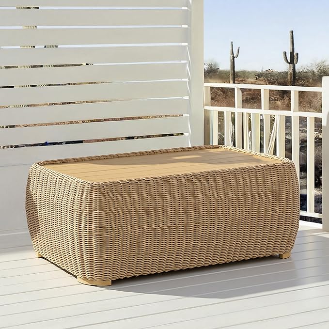 CHITA Wicker Patio Coffee Table, 41” All-Weather Rattan Outdoor Coffee Table with Wood-Grain Metal Top, Waterproof for Porch Backyard, Fully Assembled, Light Brown