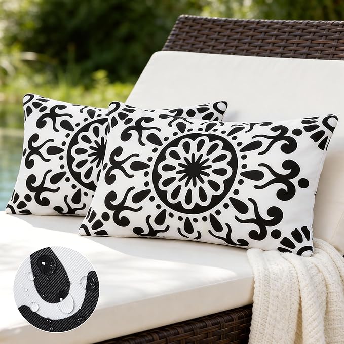 Set of 2 Outdoor Waterproof Pillow Covers 12x20 Inch, Black Morocco Tile Floral Decorative Throw Pillow Cover, Abstract Boho Farmhouse Cushion Cases for Patio Funiture Garden Couch Bench