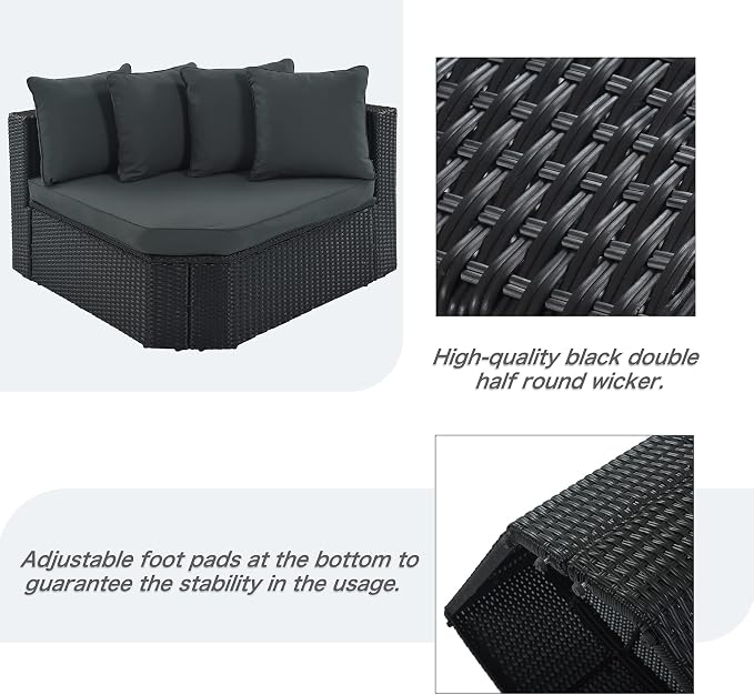 Outdoor PE Rattan Wicker Sectional Sofa Set,All Weather Conversation Lounger Set with Striped Green Pillows and Cushions, Multifunctional Combination Adapt to Any Space Gray-7-piece