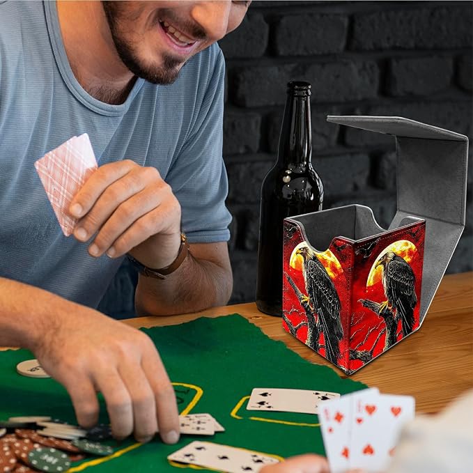 Deck Box for MTG, Cards Storage Box Fits 120+ Sleeved, Leather Medium Size Strong Magnetic Closing Card Case for Board Games Magic TCG CCG Baseball Collection, Red Sky Eagle