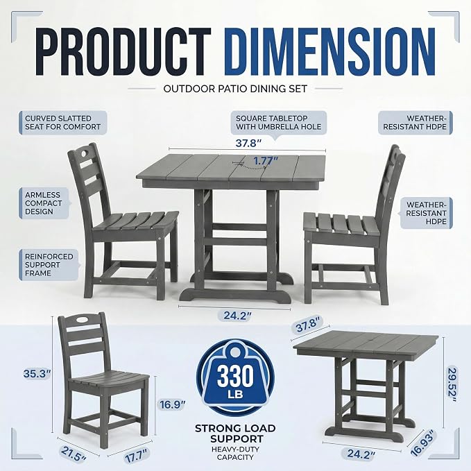 WILLIAMSPACE 37.8" Outdoor Patio Dining Set with 2 Armless Chairs, All Weather HDPE Square Dining Table with Umbrella Hole, Patio 3-Piece Bistro Set for Backyard, Balcony, Lawn, Kitchen (Grey)