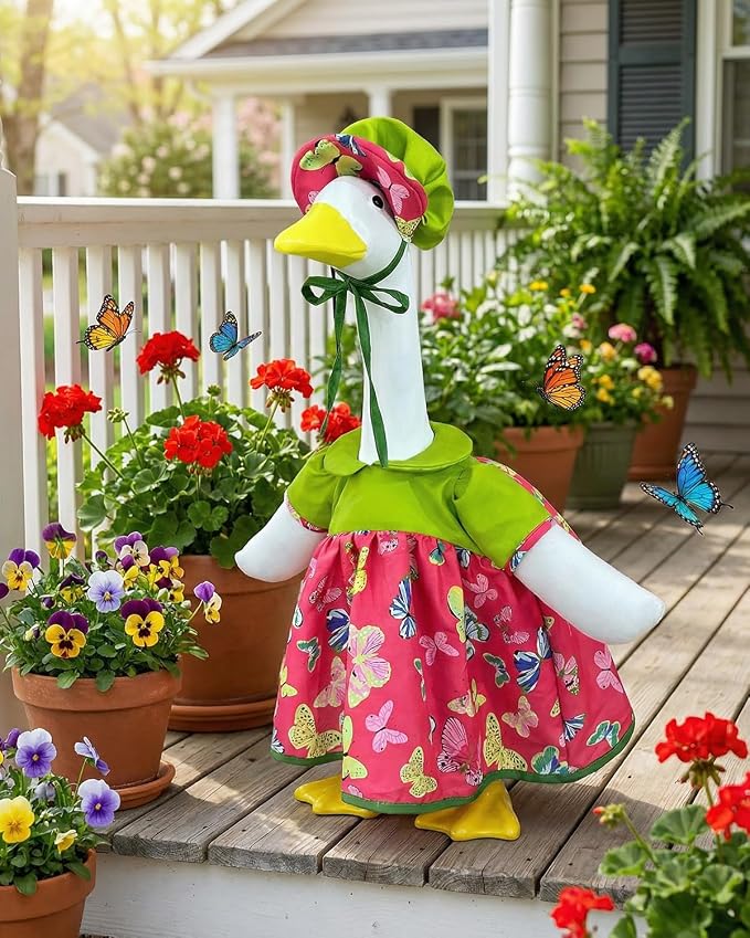 Summer Porch Goose Outfits with Hat, 23" Lawn Cement Goose Clothes for Spring Summer, Patio Yard Garden Geese Decoration Gifts for Mom Grandma
