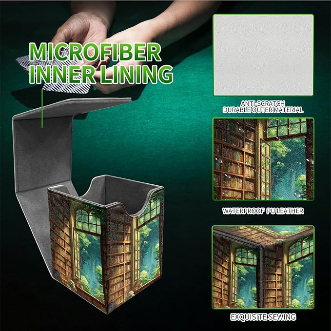 Library Window Card Deck Box for MTG, Personalized Card Storage Case Fits 120+ Sleeved Cards, Premium Leather TCG Box with Strong Magnetic Closure for Magic, CCG, PTCG, Baseball Cards