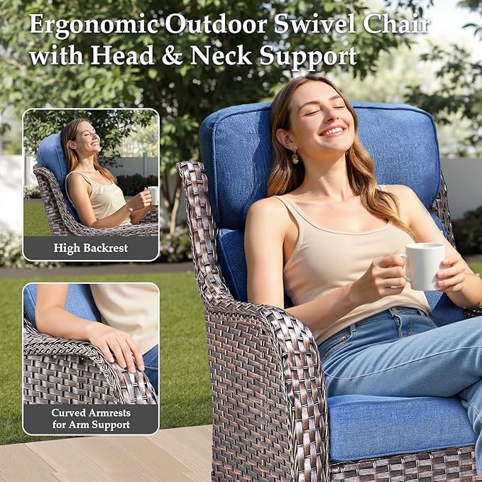 Luxury 8 Pieces Outdoor Patio Furniture Set-All Weather Wicker Swivel Rocker Patio Chairs with 6" Thick Cushion Rattan Sofa Coffee Table, Outdoor Conversation for Garden Porch Backyard(Brown/Blue)