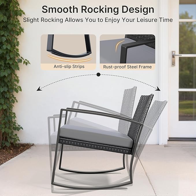 Ahomly 8 Piece Outdoor Patio Furniture Set, Outdoor Wicker Patio Furniture with Glass Coffee Table, Modern Rattan Rocking Chairs Conversation Set, for Porch, Garden, Lawn,Grey Cushion