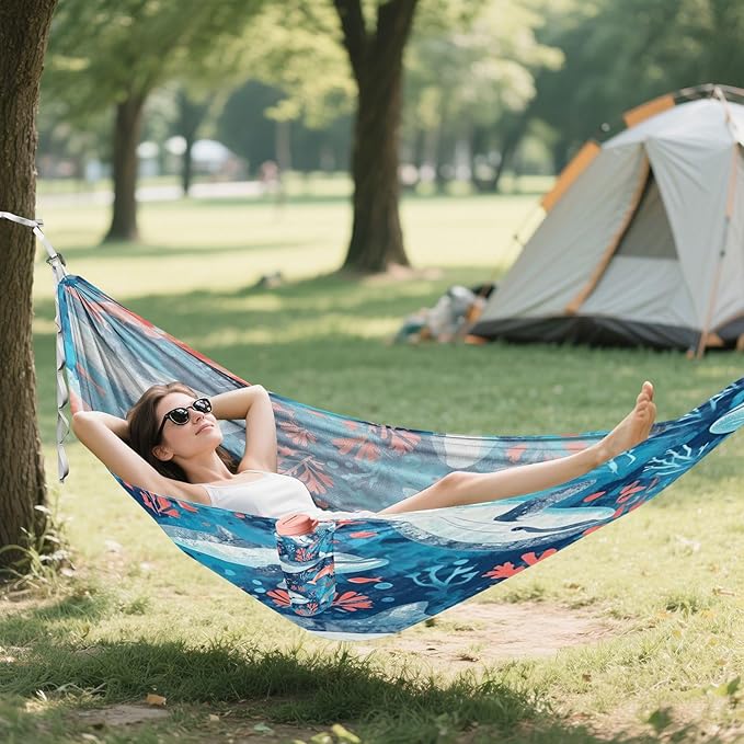 Qilmy Whales and Ocean Animals Camping Hammock Single – 330 lbs Capacity, Lightweight with Tree Straps & Carabiners, Portable for Hiking, Travel, Backpacking