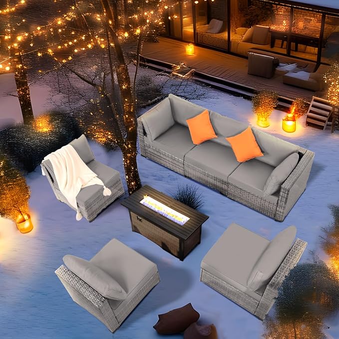 FHFO 7 Piece Outdoor Wicker Patio Furniture Set, Rattan Sectional Sofa Couch, Patio Conversation Set with Cushion & Coffee Table, for Backyard Poolside Porch Garden, Grey