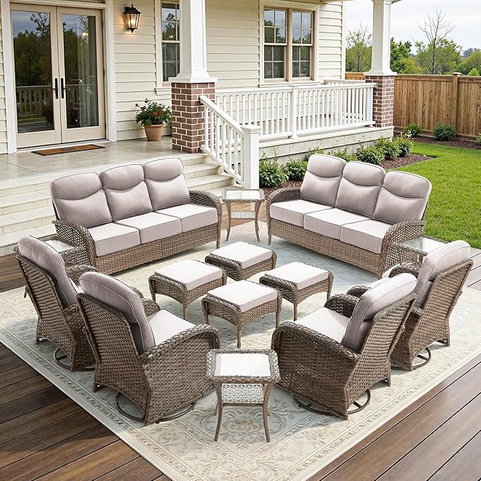 14-Piece Luxury Patio Furniture Set with 6-inch Thick Cushion,Outdoor Wicker Sofa Couch Set of 2 & Swivel Rocker Chairs, Conversation Set for Poolside, Deck & Yard - Beige