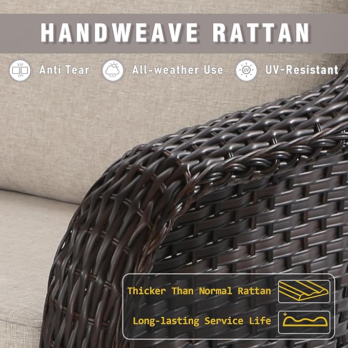 3 Piece Patio Wicker Conversation Set, All-Weather Use Outdoor Wicker Sofa with 2 PE Rattan 360 Swivel Chair, Ideal for Porch, Backyard, Balcony, Poolside, Beige