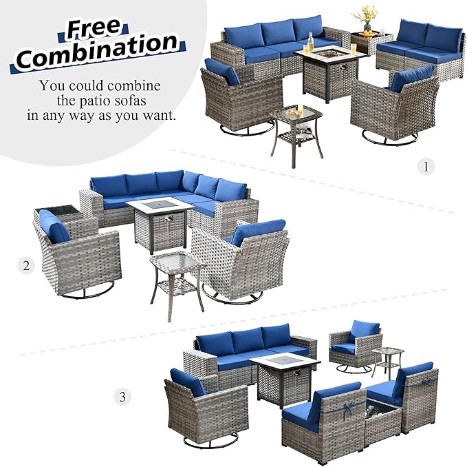 HOOOWOOO Outdoor Patio Sectional Furniture Sofa Set with Fire Pit Table,10 Piece Modern Wicker Couch with Swivel Chairs,Modular Conversation Seating Set with Widened Armrest for Garden(Navy Blue)