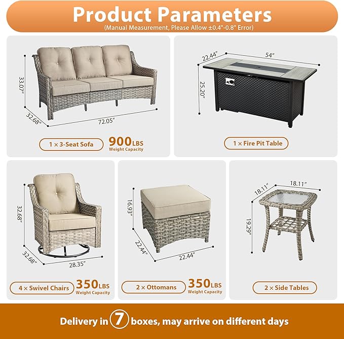10 PCS Outdoor Patio Furniture Sets, Patio Conversation Sets Outside Rattan Soft Cushion Sofa with 4 Wicker Rocking Chairs & 54 in Fire Pit Table Fit Backyard Porch Garden Poolside Balcony,Beige