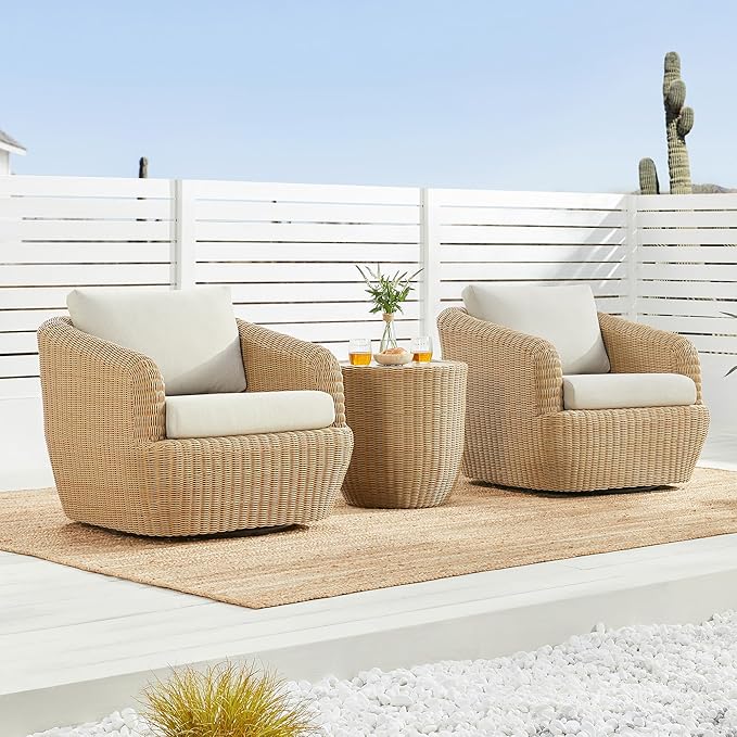 CHITA 3 Pieces Patio Wicker Furniture Set, Outdoor Rattan Bistro Set with Removable Thickened Cushions, Fully Assembled(Beige Cushions with Light Brown Wicker)