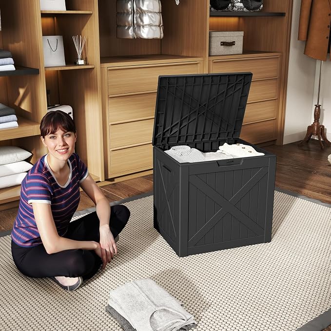 EasyUp 35 Gallon Deck Boxes Outdoor Waterproof, Weatherproof Outdoor Deck Box, Lockable Resin Storage Bench For Patio Cushions, Garden Tools And Pool Accessories, Black