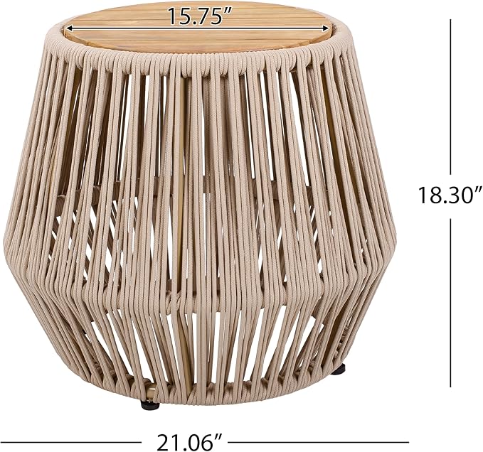 Christopher Knight Home Norshire Outdoor Side Table with Rope Base, Acacia Wood End Table, Round Patio Table, Accent Table for Garden Balcony Poolside and Indoor Use, Garden Stool, Beige+Light Teak