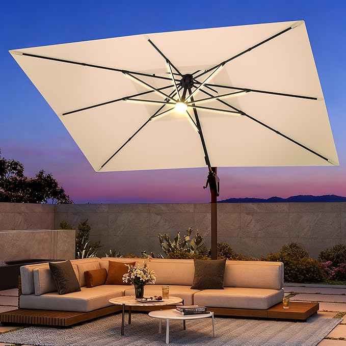 9 X 12 FT Cantilever Outdoor Patio Umbrella with Led Lights Heavy Duty Windproof Double Top Large Rectangle Offset Umbrellas with 360-degree Rotation for Garden Pool Deck Backyard, Beige