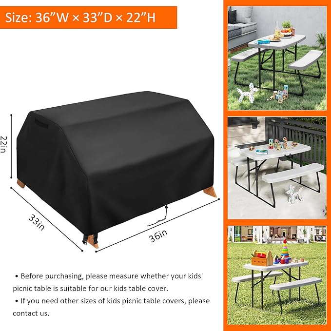 Kasla Kids Picnic Table Cover, Heavy Duty Waterproof, Fits Wooden Dining Table with Benches for Backyard, Patio, Lawn (36"W×33"D×22"H)