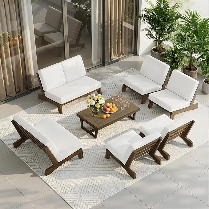 UIXE 7 Pieces All Weather Wood Patio Furniture Sets, 2 Patio Loveseat, 4 Patio Bistro Chair, Outdoor Sectional Sofa Furniture Backyard Conversation Set with Coffee Table - Beige