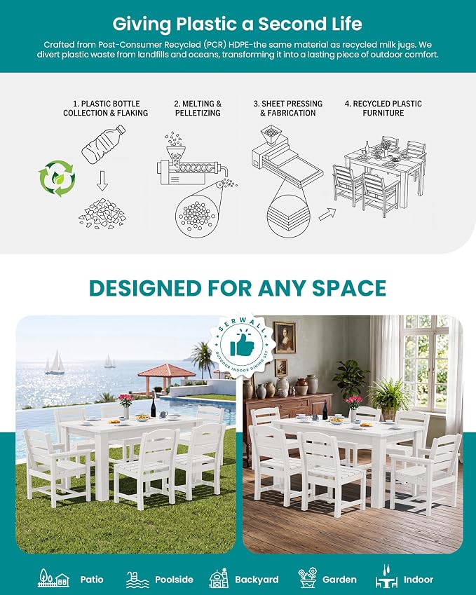 SERWALL 59" HDPE Patio Dining Set for 10, w/ 2 Tables & 10 Chairs, White | All Weather Resistant HDPE Dining Sets for Patio, Garden, Backyard
