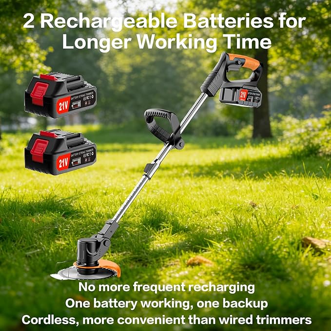 21V Cordless String Trimmer & Edger, 6" Cut, 2 Batteries, 3-Blade System (Plastic/Metal/Saw), Telescopic Pole, 180° Rotating Head – Lightweight Weed Wacker for Lawn, Garden & Yard