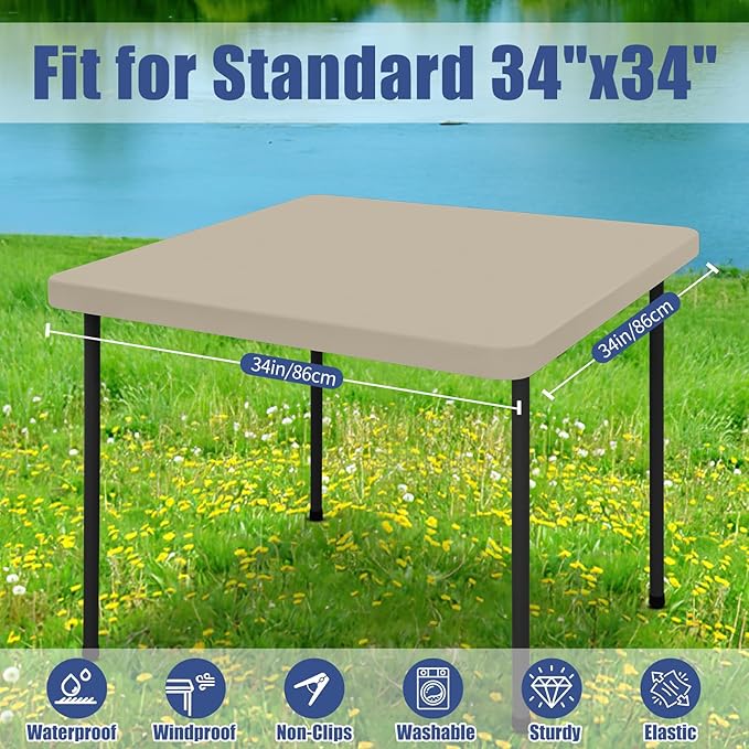 Moosfor Spandex Picnic Table Cloth 2 Pack, Elastic Fitted Tablecloths for Square Tables, Stretch Washable Patio Table Cover for Outdoor, Camping, Banquet and Parties (Taupe, 34"x34")