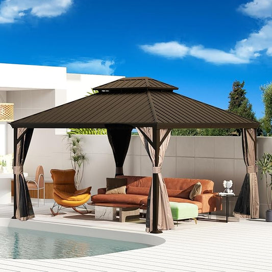 Domi 12' X 14' Hardtop Gazebo, Upgraded Metal Gazebo with Drainage System, Dual-Layer Galvanized Steel Roof, Curtain and Netting, Outdoor Shelter Canopy for Patio, Garden, and Backyard, Brown