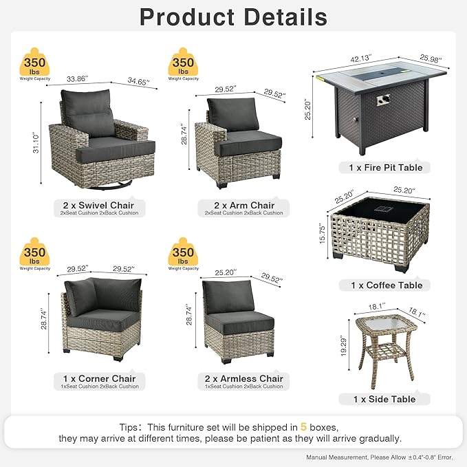Weaxty 10 Pieces Outdoor Patio Furniture Set with Swivel Rocking Chair, Outdoor Sectional Sofa Couch Wicker Modular Patio Conversation Set w/42 Fire Pit and Coffee Side Table,Black
