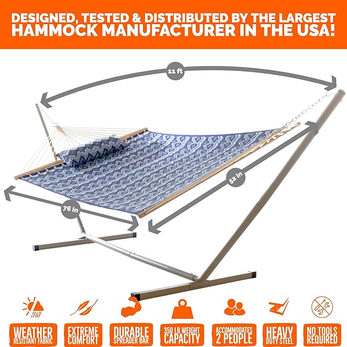 Castaway Living Large 2-Person Quilted Hammock with Stand & Pillow – Ikat, 10 ft. L x 52 in. W, 350 lb Capacity, Weather-Resistant Polyester, Portable Space-Saving Frame