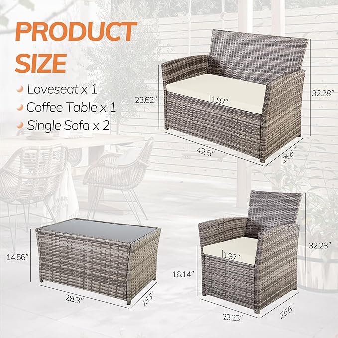 4 Piece Patio Furniture Set, Outdoor Wicker Conversation Set, Rattan Sectional Sofa Couch with Glass Coffee Table & Thick Cushion for Backyard, Porch, Garden, Poolside, Grey/Beige