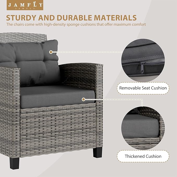 JAMFLY 3 Piece Wicker Patio Furniture Set - Space Saving Outdoor Rattan Conversation Set with Soft Cushions & Glass Coffee Table for Balcony, Porch, Small Backyard - All Weather Grey Bistro Set