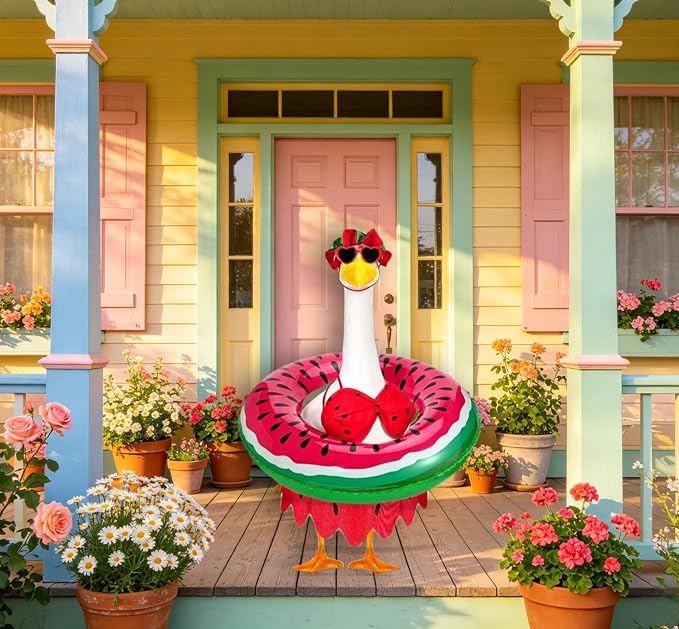 Bikini Porch Goose Outfits with Sunglasses and Swimming Tube for 23" Summer Goose Costume Garden Patio Statue Decor(Watermelon)