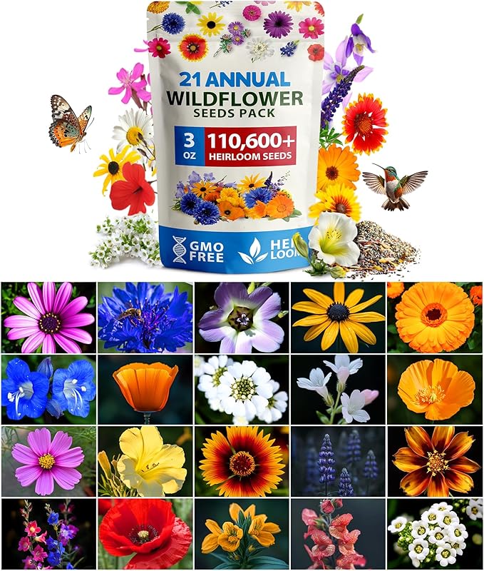 HOME GROWN Wildflower Seeds Bulk Mix | 110,600+ Non-GMO Annual Flower Seed for Planting | 21 Varieties for Butterfly & Pollinator Garden | 3 oz