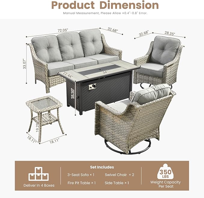 HOOOWOOO Patio Furniture Set,5 Pieces Wicker Outdoor Furniture,High Back Conversation Set with All Weather Resistant Fire Pit Table Couch Swivel Chairs,Dark Gray