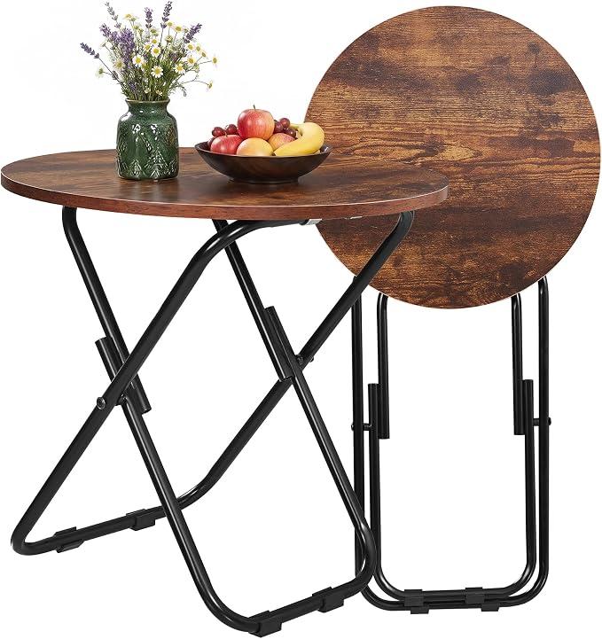 VECELO Patio Outdoor Side Table Set of 2,17.7 inch Small Folding Table Round Waterproof Wood Table,Foldable Anti-Rust Metal Legs Snack Desk for Garden Balcony,Yard,Living Room